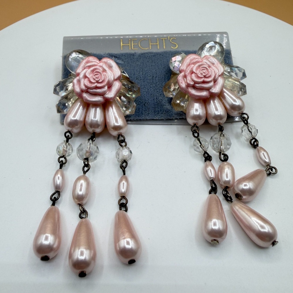 Hecht's Pink Rose Faux Pearl Crystal Dangle Earrings Vintage Statement Gift